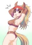  1girl animal_ears arm_behind_head armpits arms_up ass back bangs blonde_hair breasts brown_eyes brown_hair buruma chestnut_thoroughbred_(kemono_friends) cowboy_shot dotted_background elbow_gloves eyebrows_visible_through_hair gloves hand_on_own_head highres horse_ears horse_tail kemono_friends long_hair looking_at_viewer looking_back medium_breasts midriff multicolored_hair open_mouth ponytail quatre_aaaa sidelocks smile solo sports_bra sportswear standing stomach tail white_hair 