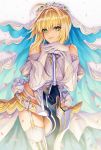  1girl aestus_estus ahoge belt blonde_hair closed_mouth cowboy_shot fate/extra fate/grand_order fate_(series) flower green_eyes hair_intakes highres nero_claudius_(bride)_(fate) nero_claudius_(fate)_(all) pengnangehao petals short_hair smile solo sword thigh-highs thigh_gap thigh_strap veil weapon white_legwear 