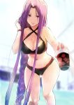  1girl bikini black_bikini breasts cleavage cup fate/stay_night fate_(series) groin highres ice ice_cube large_breasts long_braid long_hair navel purple_hair rider smile solo swimsuit taishi_(picchiridou) very_long_hair violet_eyes 