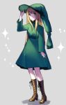  blonde_hair blue_eyes boots brown_footwear chiicoo cross-laced_footwear dress eyebrows_visible_through_hair full_body girdle green_dress grey_background hand_on_headwear hat high_heels lace-up_boots puyopuyo simple_background standing turtleneck_dress witch_hat 