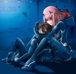  1boy 1girl albyee animal bangs black_hair blue_bodysuit bodysuit breasts commentary couple crying crying_with_eyes_open darling_in_the_franxx eyebrows_visible_through_hair gloves green_eyes hair_ornament hairband hetero hiro_(darling_in_the_franxx) horns long_hair looking_at_another medium_breasts oni_horns pilot_suit pink_hair red_horns short_hair sitting sitting_on_person snake tears white_hairband zero_two_(darling_in_the_franxx) 