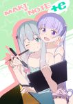  2girls :d blue_eyes blue_hair blush bow camisole commentary_request crossover drawing_tablet eromanga_sensei eyebrows_visible_through_hair hair_bow highres holding izumi_sagiri long_hair multiple_girls new_game! one_eye_closed open_mouth pink_bow pink_x purple_hair smile stylus suzukaze_aoba twintails violet_eyes 