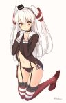  1girl amatsukaze_(kantai_collection) bangs black_choker black_hairband black_hat black_panties blush brown_eyes choker closed_mouth commentary_request dress dress_lift full_body garter_straps gloves gluteal_fold hair_tubes hairband hat horizontal-striped_legwear horizontal_stripes kantai_collection kneeling long_hair looking_at_viewer mini_hat panties red_footwear red_legwear sailor_dress shoes short_dress side-tie_panties silver_hair single_glove smile solo striped striped_legwear thigh-highs thigh_gap twitter_username two_side_up underwear uro white_gloves windsock 