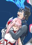  1boy 1girl bangs black_hair blossomppg blue_horns bodysuit breasts broken_horn closed_eyes commentary couple crying darling_in_the_franxx hand_on_another&#039;s_arm hand_on_another&#039;s_face hetero highres hiro_(darling_in_the_franxx) horns hug hug_from_behind long_hair medium_breasts oni_horns pink_hair red_horns short_hair signature tears torn_bodysuit torn_clothes zero_two_(darling_in_the_franxx) 