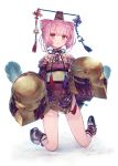  1girl atelier_(series) atelier_sophie bare_shoulders benitama cornelia_(atelier) feathers frills hair_ornament highres japanese_clothes kimono looking_at_viewer pink_eyes pink_hair simple_background sleeves_past_wrists solo thighs white_background 
