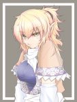  1girl :t blonde_hair blush breasts cube85 detached_sleeves eyebrows_visible_through_hair green_eyes hair_between_eyes impossible_clothes looking_at_viewer medium_breasts mizuhashi_parsee pointy_ears short_hair short_ponytail slit_pupils solo touhou upper_body 