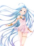  1girl :o ahoge armlet armpit_peek bare_shoulders blue_eyes blue_hair blush breasts bridal_gauntlets choker collarbone dress floating_hair glint granblue_fantasy hair_intakes head_tilt highres legs_together long_hair looking_at_viewer lyria_(granblue_fantasy) shiny shiny_hair short_dress simple_background small_breasts solo standing straight_hair strapless strapless_dress thigh_gap thighlet tomo_(user_hes4085) very_long_hair white_background white_choker white_dress 