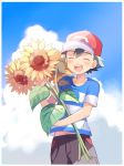  1boy ^_^ ^o^ bangs baseball_cap black_hair black_pants blue_shirt blue_sky border closed_eyes clouds collarbone cowboy_shot day facing_viewer flower hat holding holding_flower horizontal-striped_shirt leaf male_focus mei_(maysroom) navel open_mouth outdoors pants pocket pokemon pokemon_(anime) pokemon_sm_(anime) red_hat satoshi_(pokemon) shirt short_sleeves sky smile solo standing striped striped_shirt sunflower upper_teeth white_border white_shirt yellow_flower 