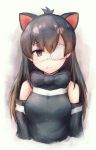  1girl 3ma_saga :c ahoge animal_ears australian_devil_(kemono_friends) bangs bare_shoulders black_bow black_hair black_neckwear black_shirt black_sleeves bow breasts closed_mouth commentary_request detached_sleeves eyebrows_visible_through_hair eyepatch furrowed_eyebrows hair_between_eyes kemono_friends light_blue_hair long_hair long_sleeves looking_at_viewer medical_eyepatch medium_breasts shirt sleeveless sleeveless_shirt solo tasmanian_devil_ears upper_body white_eyepatch 