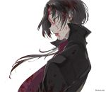  1boy blood blood_on_face bloody_clothes bloody_hair brown_hair dalc_rose earrings jacket jewelry kashuu_kiyomitsu long_hair male_focus mole mole_under_mouth red_eyes scarf solo touken_ranbu twitter_username 