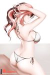  1girl adjusting_hair alfred_cullado arms_behind_head arms_up ass bikini blush breasts brown_hair butt_crack cleavage erect_nipples from_behind hands_in_hair highres jewelry large_breasts lips long_hair looking_at_viewer looking_back multicolored_hair necklace neo_(rwby) parted_lips pink_eyes pink_hair rwby shiny shiny_hair shiny_skin side-tie_bikini sitting solo swimsuit two-tone_hair under_boob white_bikini white_hair 