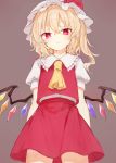  1girl ascot blonde_hair brown_background cowboy_shot crystal eyebrows_visible_through_hair flandre_scarlet frilled_shirt_collar frills from_below hair_between_eyes hat hat_ribbon honotai looking_at_viewer mob_cap one_side_up pointy_ears puffy_short_sleeves puffy_sleeves red_eyes red_ribbon red_skirt red_vest ribbon shirt short_hair short_sleeves simple_background skirt solo standing touhou vest white_hat white_shirt wings yellow_neckwear 