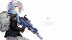  1girl artist_request assault_rifle bag character_request copyright_request dress eotech gun highres looking_at_viewer monkey pink_eyes rifle school_uniform solo source_request weapon white_background white_hair 