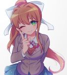  1girl ;) arm_behind_back blue_skirt brown_hair doki_doki_literature_club eyebrows_visible_through_hair green_eyes hair_between_eyes hair_ribbon head_tilt index_finger_raised long_hair looking_at_viewer monika_(doki_doki_literature_club) one_eye_closed ponytail ribbon sasakama_(sasagaki01) school_uniform simple_background skirt smile solo white_background white_ribbon 