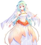  1girl :d arcelle bangs blue_hair blunt_bangs breasts choker cleavage detached_sleeves dress fire_emblem fire_emblem:_rekka_no_ken fire_emblem_heroes hair_between_eyes hair_ornament highres long_dress long_hair medium_breasts ninian open_mouth red_eyes simple_background smile solo standing striped striped_dress very_long_hair white_background white_dress 