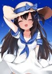  1girl absurdres bangs black_hair blue_bow blue_ribbon bow breasts cleavage closed_eyes collarbone hair_ribbon hat highres kamioka_shun&#039;ya long_hair open_mouth original ribbon sailor_collar short_sleeves solo striped striped_bow water_drop 