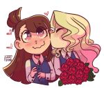  2girls bangs blush brown_hair closed_eyes commentary commentary_request diana_cavendish flower heart heart_eyes kagari_atsuko kiss little_witch_academia long_hair multiple_girls spanish_commentary yuri 