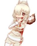  1girl alpaca_suri_(kemono_friends) alpaca_tail arm_at_side black_sclera blonde_hair blood blood_on_face bloody_hands commentary_request extra_ears eyebrows_visible_through_hair fur_collar hair_over_one_eye highres horizontal_pupils kemono_friends parted_lips red_eyes short_shorts shorts simple_background smile solo tail tenya tokyo_ghoul white_background 