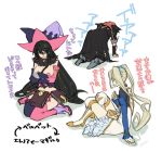 bandage bandaged_arm belt black_choker black_hair blonde_hair book breasts choker collarbone costume_switch detached_sleeves dress eleanor_hume green_eyes hair_between_eyes hat long_hair magilou_(tales) maka_(morphine) medium_breasts navel pointy_ears simple_background small_breasts smile tales_of_(series) tales_of_berseria thigh-highs torn_clothes translation_request twintails under_boob velvet_crowe very_long_hair white_background witch_hat yellow_eyes