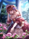  1girl artist_logo bangs bare_shoulders basket blue_sky blurry blurry_foreground bonnet bow bowtie box_(hotpppink) breasts brown_hair cleavage closed_mouth clouds collarbone commentary_request depth_of_field detached_sleeves dress eyebrows_visible_through_hair fingernails flower flower_bed fountain hair_between_eyes hair_flower hair_intakes hair_ornament hand_on_own_head hand_up hat hat_flower leaning_forward light_particles long_dress long_hair looking_down medium_breasts off-shoulder_dress off_shoulder orange_bow original outdoors outstretched_hand pillar pink_dress pink_flower pink_rose purple_flower purple_rose red_flower rose shade sidelocks sky smile solo standing statue striped striped_bow striped_neckwear sun sunlight tree violet_eyes water wavy_hair white_bow white_flower yellow_flower 