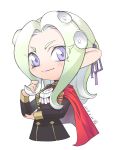  1girl blonde_hair blue_eyes cape cephalopod_eyes cravat edelgard_von_hresvelgr_(fire_emblem) fire_emblem fire_emblem:_three_houses gloves hair_ornament highres long_hair looking_at_viewer mole mole_under_mouth octarian octoling pink_pupils shiroh46 simple_background smile solo splatoon splatoon_2 squidbeak_splatoon tentacle tentacle_hair uniform 