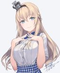  1girl 2018 artist_name black_headband blonde_hair blue_background blue_dress blue_eyes blue_neckwear bow bowtie braid breasts closed_mouth crown dated dress fingers_together french_braid hair_between_eyes kantai_collection large_breasts long_hair looking_at_viewer mini_crown plaid plaid_dress rokuwata_tomoe sidelocks simple_background smile solo twitter_username upper_body warspite_(kantai_collection) white_dress 