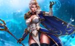  1girl artist_name blonde_hair blue_background blue_eyes braid breasts cape cleavage closed_mouth cowboy_shot dandon_fuga elbow_gloves gloves holding holding_staff jaina_proudmoore leotard lips long_hair looking_at_viewer multicolored_hair pauldrons pelvic_curtain shoulder_armor silver_hair solo staff thigh-highs two-tone_hair warcraft world_of_warcraft 