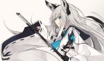  1girl animal_ears azur_lane baggy_clothes bangs black_gloves black_sailor_collar black_tipped_ears black_tipped_tail blue_neckwear blue_skirt breasts crossed_bangs detached_sleeves eyebrows eyebrows_visible_through_hair fox_ears fox_tail from_side gloves holding holding_sword holding_weapon image_sample katana kawakaze_(azur_lane) long_hair looking_at_viewer nagishiro_mito neckerchief open_mouth ribbon-trimmed_clothes ribbon-trimmed_sleeves ribbon_trim sailor_collar shirt silver_hair silver_tail skirt small_breasts solo sword tail tumblr_sample weapon 