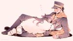  1boy 1girl ainu ainu_clothes arm_support artist_name asirpa bandanna black_hair boots cape closed_eyes coat facial_scar fingerless_gloves fur_boots fur_cape gloves golden_kamuy hat highres hug knee_up long_hair long_sleeves looking_at_another lying lying_on_person military_hat mishina_(1204222) on_side pants pink_background profile scar scarf short_hair simple_background sleeping sugimoto_saichi sweatdrop twitter_username zzz 