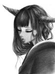  1girl closed_eyes commentary_request graphite_(medium) greyscale hane_(azelye) horns japanese_clothes kimono monochrome original parted_lips simple_background solo traditional_media upper_body white_background 
