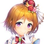  1girl bow bowtie brooch brown_hair crown flower frills gloves hair_flower hair_ornament hand_to_own_mouth highres jewelry koizumi_hanayo kokkeina_budou looking_at_viewer love_live! love_live!_school_idol_festival love_live!_school_idol_project pink_flower pink_rose portrait red_eyes red_flower red_rose rose short_hair simple_background smile smug solo striped_neckwear violet_eyes white_background white_gloves 