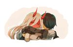  1boy 1girl black_cloak black_hair cloak closed_eyes coat commentary_request couple darling_in_the_franxx fur_trim grey_coat hetero hiro_(darling_in_the_franxx) hood hooded_cloak horns hug long_hair oni_horns parka pink_hair red_horns red_skin signature silver_hair tears tokuura winter_clothes winter_coat younger zero_two_(darling_in_the_franxx) 