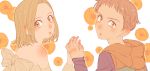  1boy 1girl bare_shoulders blonde_hair blush brother_and_sister detached_sleeves elaine flower hand_holding highres king_(nanatsu_no_taizai) light_brown_hair long_sleeves looking_at_viewer looking_back makino_(makibanosong) nanatsu_no_taizai orange_flower parted_lips short_hair siblings white_background yellow_eyes 