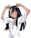  1girl 774_(nanashi) black_hair blush brown_eyes clenched_hands closed_mouth hair_ornament hairclip hands_up ijiranaide_nagatoro-san long_hair looking_at_viewer nagatoro shirt short_sleeves simple_background solo upper_body v-shaped_eyebrows white_background white_shirt 