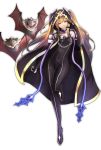  1girl bangs bat black_bodysuit black_cape blonde_hair bodysuit cape chains covered_navel eyebrows_visible_through_hair frown gluteal_fold highres hood hood_up leg_up long_hair looking_at_viewer moriana red_eyes shadowverse shingeki_no_bahamut sidelocks simple_background standing standing_on_one_leg thigh_gap ton_(artist) twintails white_background 