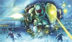  90s armor assault_suits_series attack body_armor box_art cropped damaged deflect dirty energy_beam gloves glowing glowing_eyes helmet mecha red_eyes running scan scared science_fiction shield surprised tom_dubois traditional_media valken 
