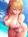  1girl anchor_hair_ornament bangs bare_shoulders beach bikini blonde_hair blue_eyes blue_sky blush breast_hold breasts cleavage collarbone crossed_arms curvy eyebrows_visible_through_hair hair_between_eyes hair_ornament highres hips kantai_collection large_breasts leaning_forward long_hair looking_down low_twintails o-ring ocean oekakizuki open_mouth pink_bikini prinz_eugen_(kantai_collection) sky solo swimsuit thick_thighs thighs twintails wet wide_hips 
