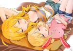  2girls ahoge bike_shorts blonde_hair blush breasts cleavage closed_eyes drooling futaba_anzu horizontal_stripes hoshii_miki idolmaster idolmaster_(classic) idolmaster_cinderella_girls long_hair low_twintails lying medium_breasts midriff multiple_girls navel on_back open_mouth pillow shorts sleeping striped stuffed_animal stuffed_bunny stuffed_toy twintails yanngoto 