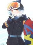  1girl beanie belt black_jacket blue_hair blue_sweater boca breath commentary fur-trimmed_jacket fur_trim girls_frontline gloves goggles goggles_on_head gradient gradient_background hat jacket looking_at_viewer open_mouth orange_eyes pocket pom_pom_(clothes) ribbed_sweater short_hair signature snowboard solo strap sweater two-tone_background zas_m21_(girls_frontline) zipper 
