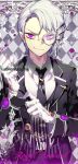  1boy add_(elsword) artist_name black_neckwear butler checkered checkered_background elsword english facial_mark gloves hand_up lapel_pin looking_at_viewer male_focus monocle necktie pika_(kai9464) silver_hair smirk solo striped striped_vest tagme upper_body vertical_stripes violet_eyes white_gloves 