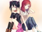  2girls ;) alternate_eye_color arms_between_legs black_choker black_hair black_legwear black_shirt boots casual choker collarbone denim hair_ribbon hand_on_own_head highres jeans kneehighs knees_up looking_at_viewer love_live! love_live!_school_idol_project medium_hair multiple_girls nishikino_maki off-shoulder_shirt one_eye_closed pants pink_skirt purple_ribbon ranmaruuuu00 redhead ribbon shirt short_sleeves sitting skirt smile spiked_choker spikes twintails violet_eyes white_shirt yazawa_nico 