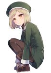  1girl blonde_hair boots breast_pocket brown_footwear brown_legwear closed_mouth fate/grand_order fate_(series) from_side green_coat green_hat hat ikeuchi_tanuma light_brown_hair long_sleeves looking_at_viewer looking_to_the_side pantyhose paul_bunyan_(fate/grand_order) pocket short_hair simple_background smile solo squatting white_background 
