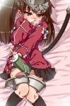  1girl blush brown_eyes brown_hair heavy_breathing japanese_clothes kantai_collection kariginu kneehighs knees_together_feet_apart lying miniskirt on_back pleated_skirt ribbon-trimmed_sleeves ribbon_trim rutsubo ryuujou_(kantai_collection) scroll skirt solo tail tears visor_cap 