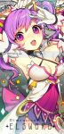  1girl aisha_(elsword) armpits bare_shoulders breasts cleavage dimension_witch_(elsword) elsword eyebrows_visible_through_hair fang hair_ornament looking_at_viewer magical_girl medium_breasts pika_(kai9464) purple_hair smile star violet_eyes 