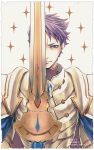  1boy armor arondight fate/grand_order fate_(series) holding holding_sword holding_weapon lancelot_(fate/grand_order) long_hair male_focus purple_hair short_hair solo sparkle sword violet_eyes weapon 