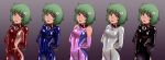  1girl absurdres aqua_eyes arms_behind_back artist_name blush bodysuit collar eyebrows_visible_through_hair gradient gradient_background green_hair hair_ornament hairclip highres latex lineup lololoxvi looking_at_viewer medium_hair original shiny shiny_clothes skin_tight smile variations 