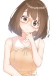  1girl :o bare_arms bare_shoulders breasts brown_hair commentary_request dress eyebrows_visible_through_hair glasses hand_up head_tilt highres looking_at_viewer orange-framed_eyewear original sailor_collar sailor_dress short_hair simple_background solo suzunari_shizuku white_background white_sailor_collar yellow_dress yuki_arare 