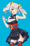  1girl ;d animal_ears armpits black_dress blue_background blue_eyes breasts cat_ears claw_pose cleavage cleavage_cutout d-pad d-pad_hair_ornament dress fake_animal_ears grey_hair hair_ornament hairclip hands_up kaguya_luna kaguya_luna_(character) looking_at_viewer medium_breasts obi one_eye_closed open_mouth ribbon rimo round_teeth sash sidelocks simple_background smile solo teeth thigh-highs twintails upper_teeth v-shaped_eyebrows virtual_youtuber white_ribbon wrist_ribbon 