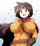  1girl :d belt belt_buckle blush breasts brown_belt brown_eyes brown_gloves brown_hair buckle cape dragon_quest dragon_quest_iii earrings gem gloves gradient gradient_background jewelry large_breasts long_hair looking_at_viewer mitre open_mouth red_cape roto slime_(dragon_quest) smile solo sugiura 