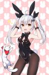  1girl :d absurdres ahoge animal animal_ears armpits arms_up bandanna bangs bare_arms bare_shoulders belt_buckle belt_collar black_belt black_bow black_leotard black_neckwear black_ribbon blush bow bowtie bracelet breasts brown_eyes brown_legwear buckle bunny_background bunny_girl bunny_tail bunnysuit cleavage commentary_request contrapposto covered_navel eyebrows_visible_through_hair fingernails five-seven_(girls_frontline) girls_frontline hair_between_eyes hair_ornament hair_ribbon highres horns_pose jewelry legs_apart leotard long_hair looking_at_viewer open_mouth pantyhose pink_background rabbit_ears red_bandana ribbon round_teeth shiny shiny_clothes sidelocks small_breasts smile standing star starfox1015 tail teeth twintails white_hair younger 